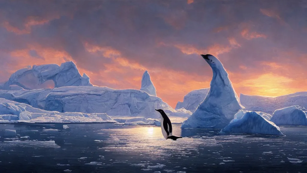 Prompt: the most beautiful panoramic landscape, oil painting, where a giant iceberg is lost in the frozen artic ocean, a giant penguin is exhaling steam while walking over the iceberg, the frozen artic ocean is reflecting the giant penguin and the ray lights of the sunset are brightening him, by greg rutkowski