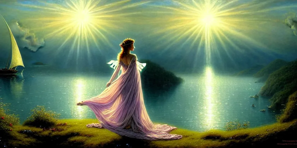 Image similar to an elegant fairy queen in a blue lace dress dancing looking out at a lord of the rings scenery landscape, staring across the sea at a white sail boat, sunrise, god's rays highly detailed, vivid colour, soft clouds, floral sunset, cinematic lighting, perfect composition, gustave dore, derek zabrocki, greg rutkowski, belsinski