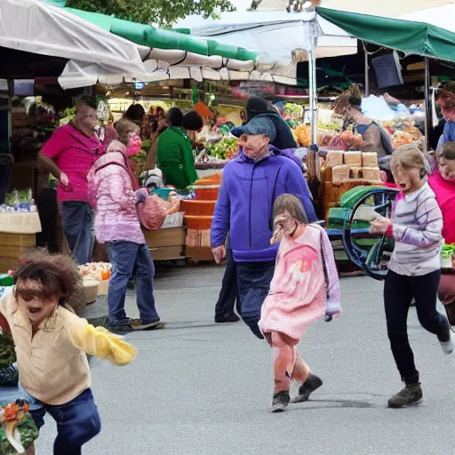 Prompt: giant worm attacking a farmers market, crowd fleeing, horror,