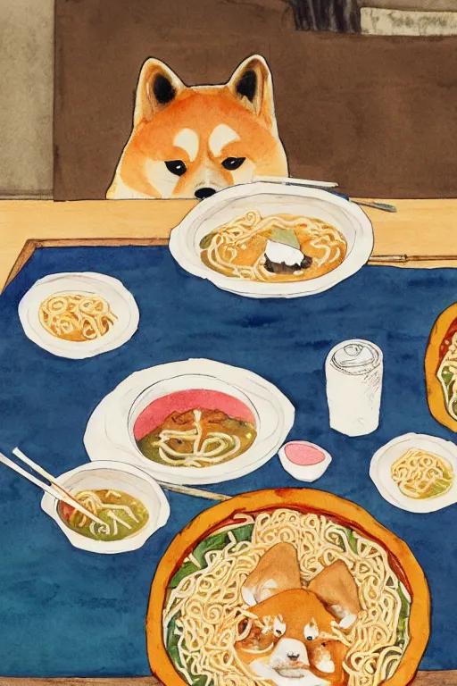 Image similar to a portrait of a shiba inu eating ramen on a dinner table, watercolor, studio ghibli, studio ghibli color palette, artistic