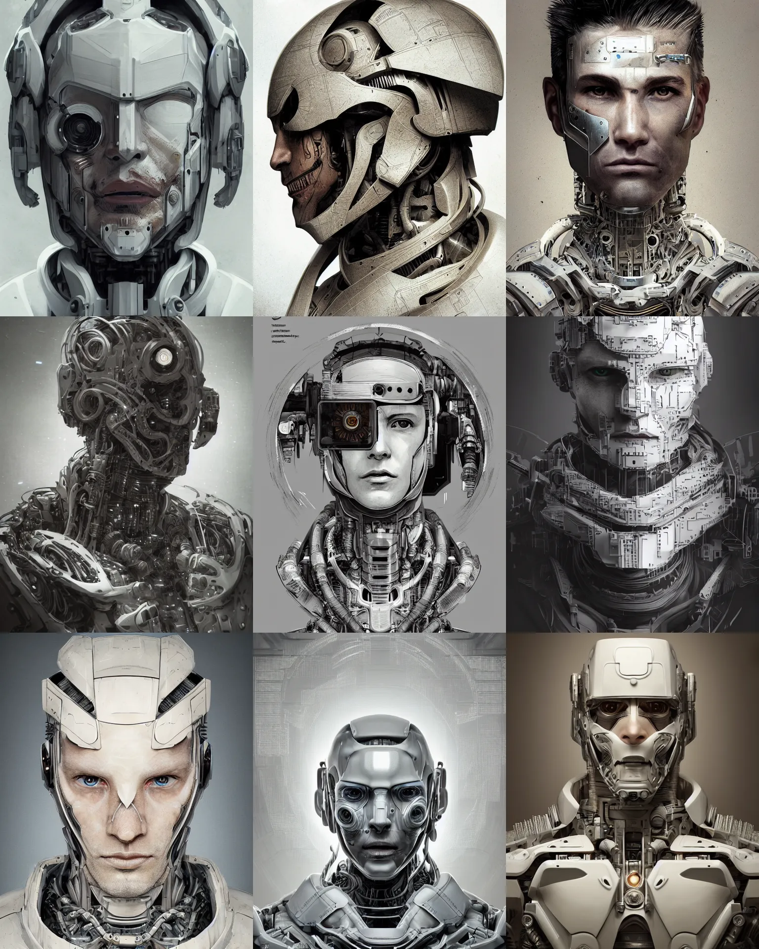 Prompt: hyper detailed ultra sharp portrait of a beautiful well contoured porcelain ivory smooth fair cyborg warrior rugged engineer man with cybernetic enhancements, laser cut paper microbes, scifi character portrait by greg rutkowski, esuthio, craig mullins, 1 / 4 headshot, cinematic lighting, dystopian scifi gear, gloomy, profile picture, mechanical, half robot, implants, steampunk