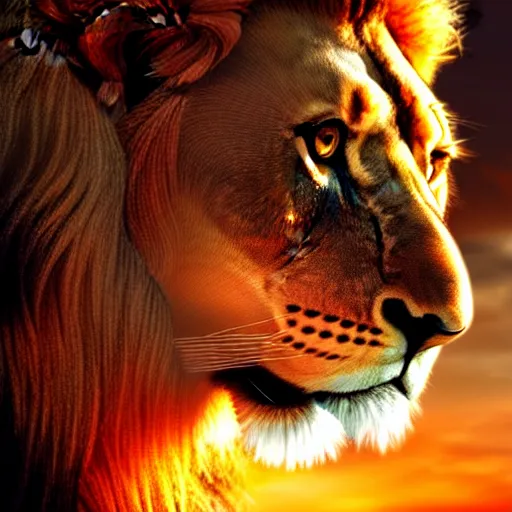 Image similar to Majestic lion, atmospheric lighting, painted, intricate, volumetric lighting, beautiful, rich deep colours masterpiece, golden hour, sharp focus, ultra detailed