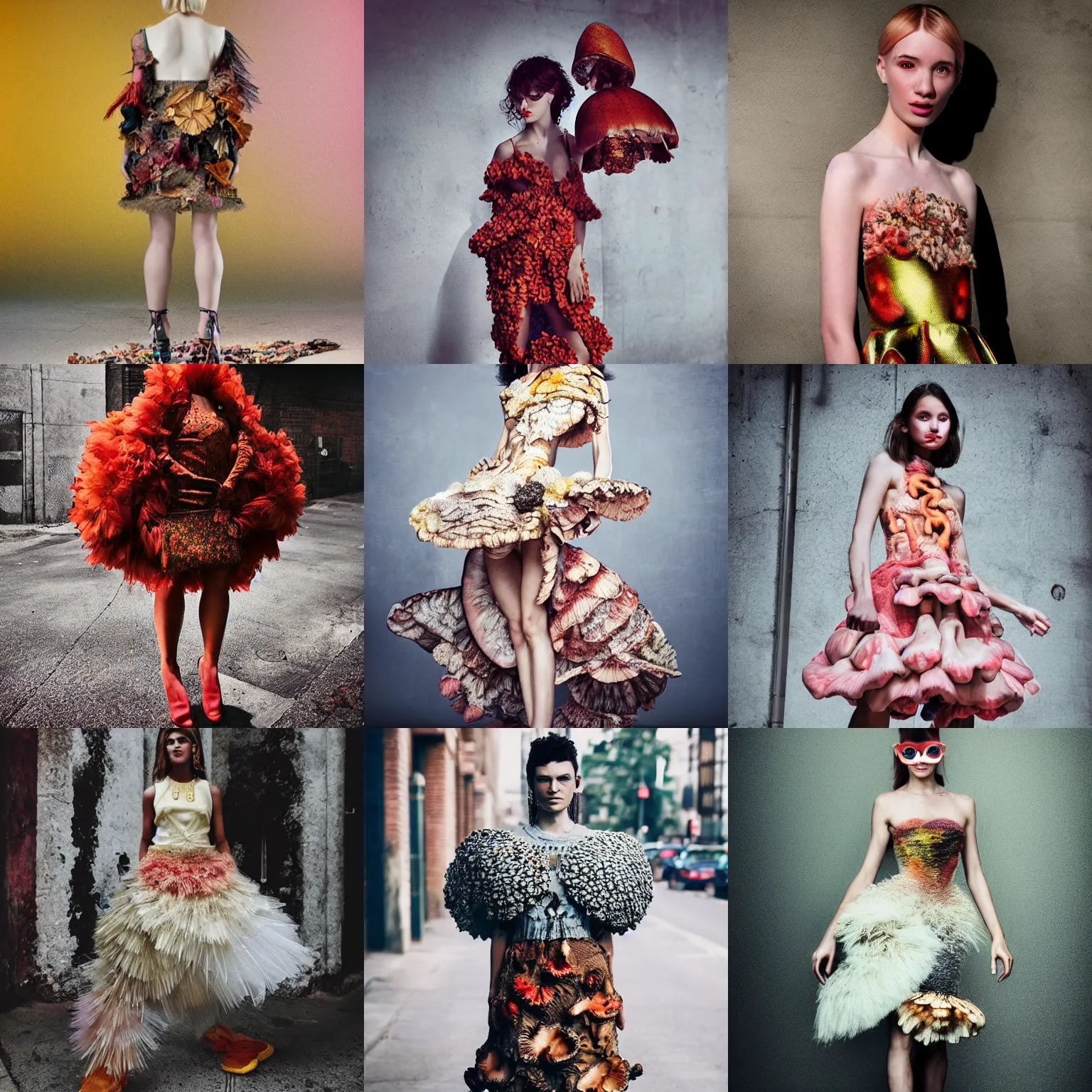 Prompt: 👗made of 🍄!! studio photo, street style, high fashion, backlit, Alexander mcqueen, fantasy lut,