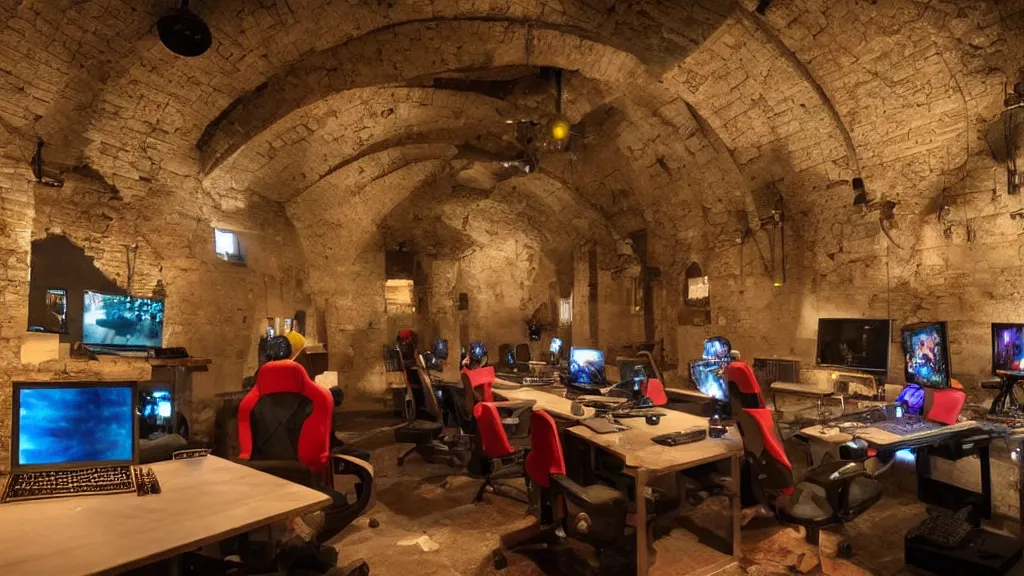 Prompt: Ancient roman LAN party, roman architecture, modern computers PC RGB gamer lights and gamer chairs