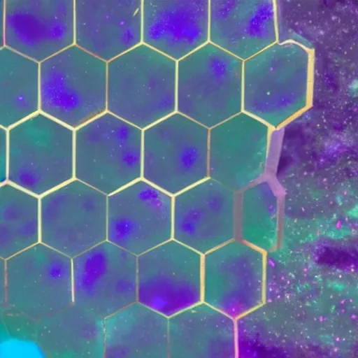 Image similar to hexagonal rhunic plane on a road with purple galaxy seeping out of the hexagons