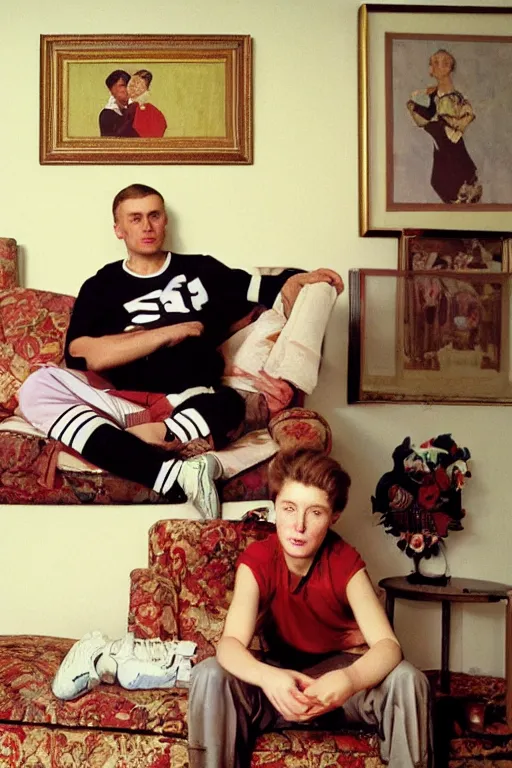 Image similar to portrait of russian athlete young man posing in his grandparents living room, his grandmother sitting on the sofa by a carpet on the wall, 1987, norman rockwell