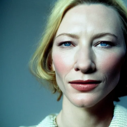 Prompt: very detailed and textured portrait of cate blanchett in 1999, by Steve McCurry, cinestill 800t 18mm 4k