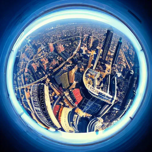 Prompt: city in space, art deco, fisheye lens