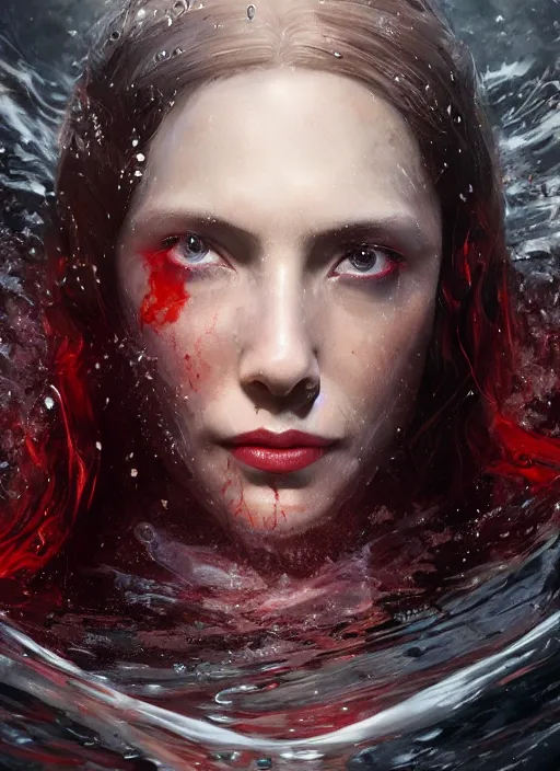 Image similar to A fancy portrait of the Scarlet Witch submerged in water by Greg Rutkowski, Sung Choi, Mitchell Mohrhauser, Maciej Kuciara, Johnson Ting, Maxim Verehin, Peter Konig, Bloodborne, 8k photorealistic, cinematic lighting, HD, high details, dramatic, atmospheric , trending on artstation