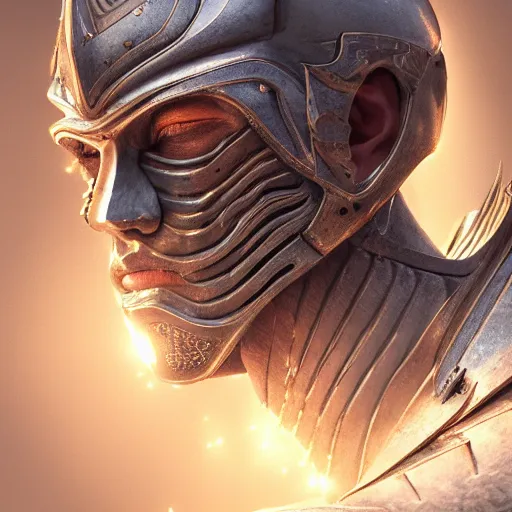 Image similar to hyperrealistic portrait of a beautiful armored male warrior, fantasy, stunning 3d render + perfect facial symmetry + dim volumetric lighting, 8k octane beautifully detailed render, post-processing, extremely hyperdetailed, intricate, epic composition, grim yet sparkling atmosphere, cinematic lighting + masterpiece, trending on artstation