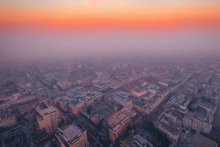 Prompt: aerial view of bucharest city sunset in winter, mist, buildings, street, people, artstation, 4k, beautiful, concept art