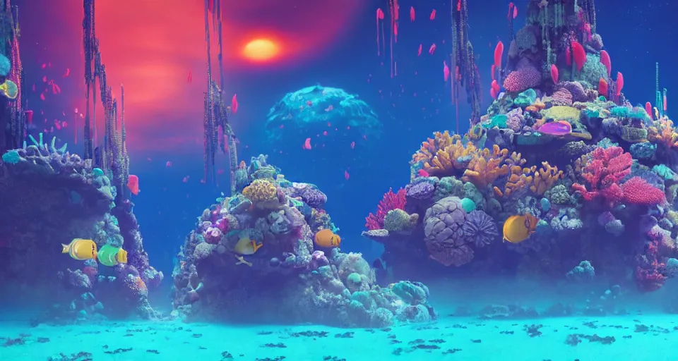 Image similar to a beautiful cinematic view of an underwater enchanting multicolored coral shrine surrounded by an exotic tropical reef, underneath a star filled night sky, warm coloured, gigantic pillars and flowers, maschinen krieger, beeple, film, atmospheric perspective, abzu, oil on canvas