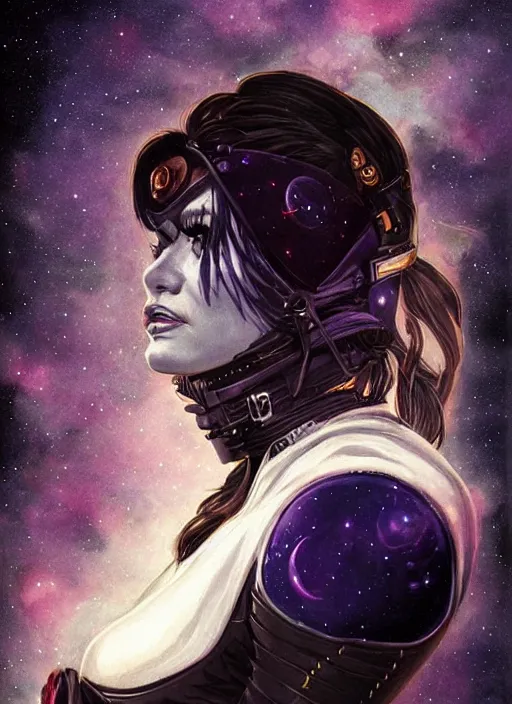 Image similar to portrait of female space pirate, night sky background, beautiful! coherent! by brom, deep color, strong line, high contrast