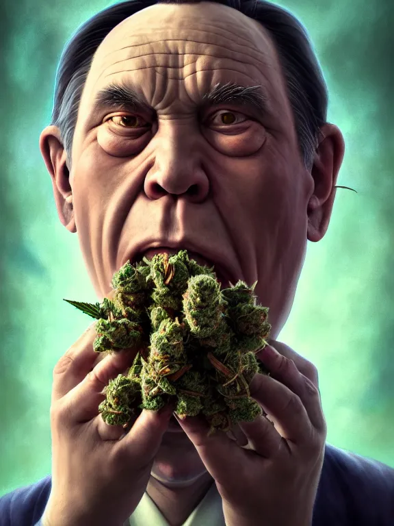 Image similar to a portrait of a cannabis devil premier francois legault illustrated by miyazaki by karol bak, james jean, tom bagshaw, rococo, sharp focus, trending on artstation, cinematic lighting, hyper realism, octane render, 8 k, hyper detailed, vivid, ultra detailed, highly detailed