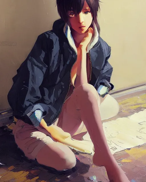 Image similar to A ultradetailed beautiful panting of a stylish girl sitting on the floor of a messy apartment, she is wearing an oversized jacket, Oil painting, by Ilya Kuvshinov, Greg Rutkowski and Makoto Shinkai