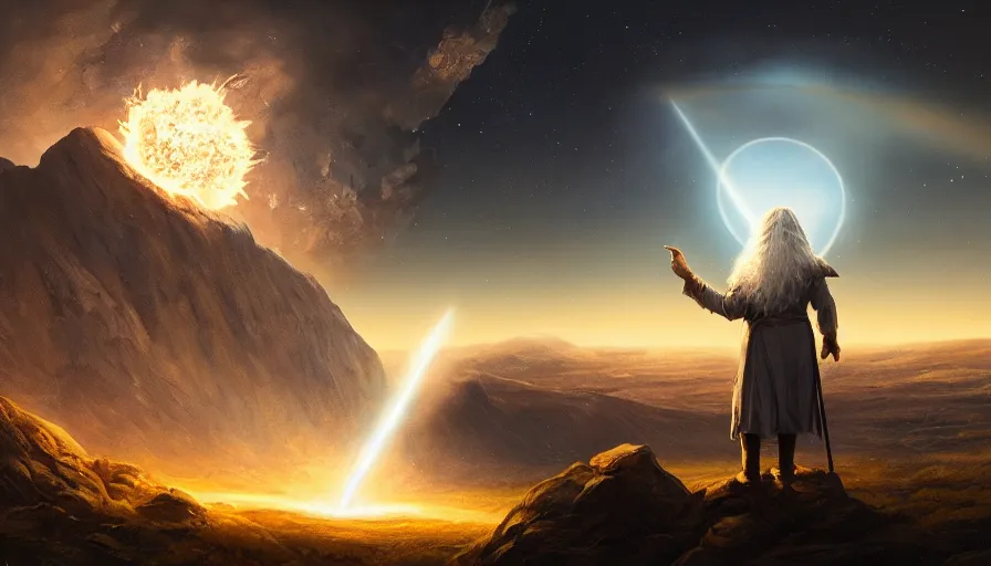 Image similar to a beautiful painting of gandalf watching a huge meteorite destroy an alien world with dual suns, ray traced lighting by jean kalin popov and greg rutkowski