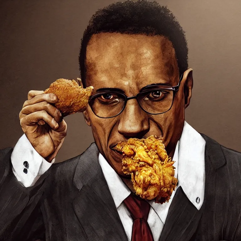 Prompt: concept art of Gustavo Fring from Breaking Bad ominously eating a fried chicken, trending on artstation, extremely detailed, cinematic lighting, cinematic angles, 8k, horror