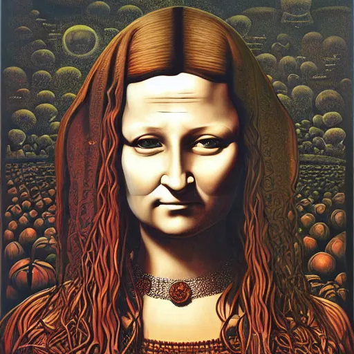 Image similar to monalisa by jacek yerka, alex gray, zdzisław beksiński, dariusz zawadzki, jeffrey smith and h.r. giger, oil on canvas, 8k highly professionally detailed, trending on artstation