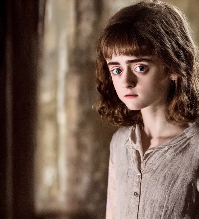 Image similar to beautiful cute young natalia dyer in harry potter, movie still frame, hd, remastered, cinematic lighting