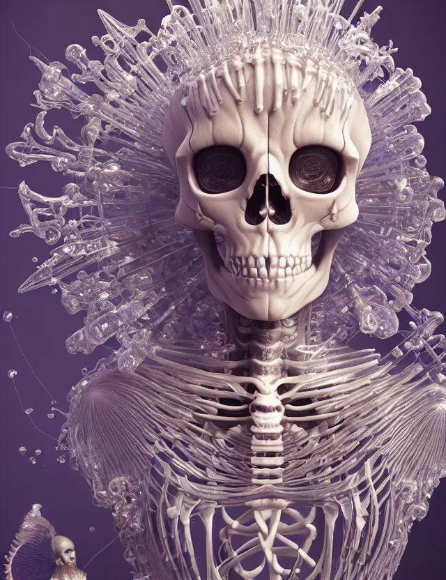 Image similar to 3 d goddess skeleton macro close - up portrait with crown made of ram skull. betta fish, jellyfish phoenix, bioluminiscent, plasma, ice, water, wind, creature, super intricate ornaments artwork by tooth wu and wlop and beeple and greg rutkowski