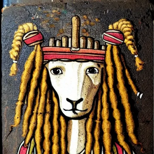 Image similar to a funny medieval wall painting of a rastafarian sheep with dreadlocks, highly detailed, trending on artstation