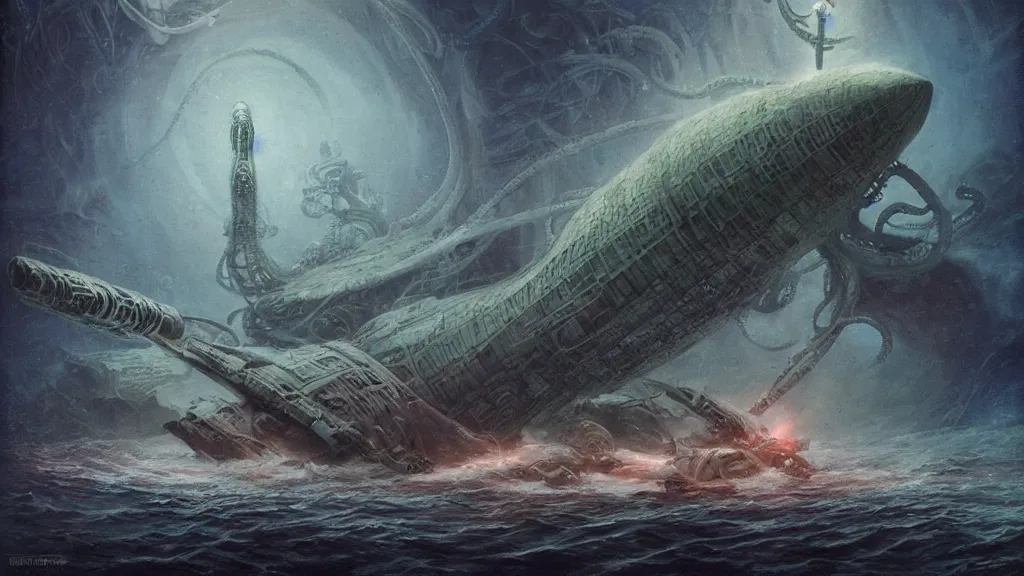 Prompt: soviet submarine destroyed by cthulhu, tentacles, elegant, beautifully soft lit, full frame, 8 k by wayne barlowe, peter mohrbacher, kelly mckernan, h r giger