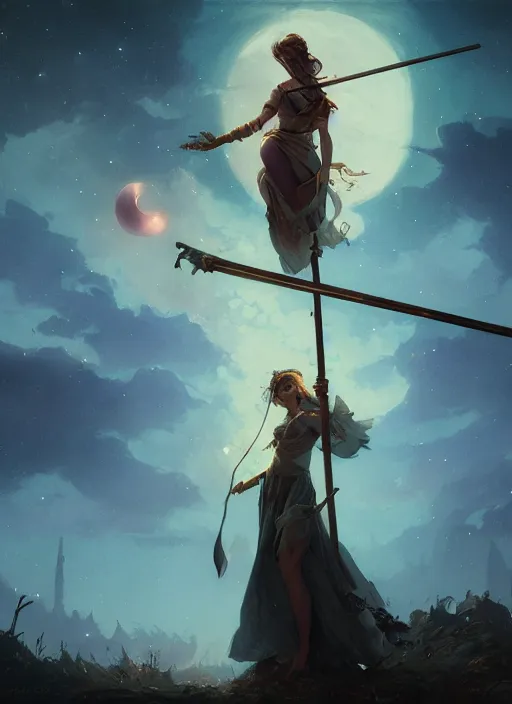 Prompt: hyper realistic photo of beautiful conjurer girl holding a magic staff under the moonlight, full body, rule of thirds, conceptart, saturated colors, cinematic, greg rutkowski, brom, james gurney, mignola, craig mullins, artstation, cgsociety