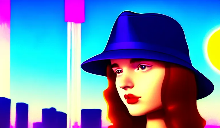 Image similar to a beautiful and immaculate young teenager girl with fedora hat. synthwave. outrun style. trending on artstation. recommended for you behance. by chris moore. by edward hopper. metropolis filmic. gotham city.