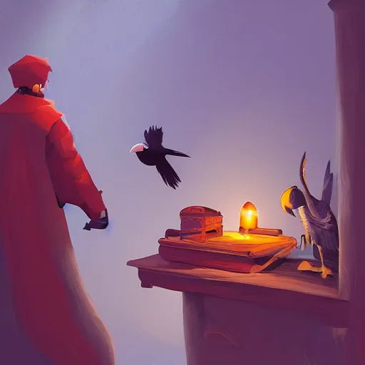 Prompt: a thief and his pet crow sneaking into a reliquary at night, digital painting, artstation, sharp,