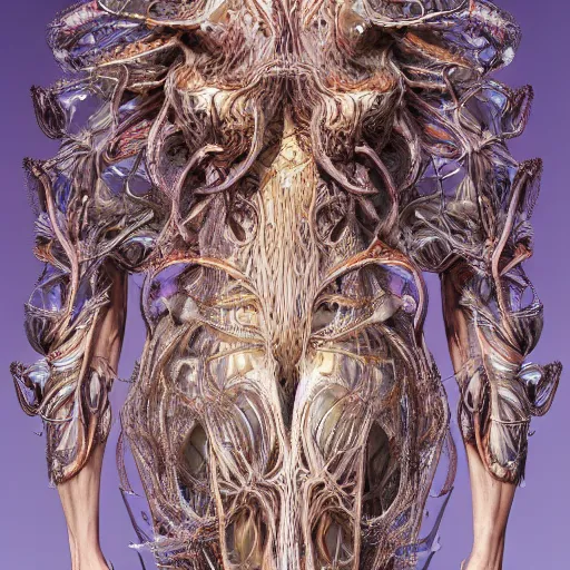 Image similar to Photo of a creature from another universe by ernst haeckel, iris van herpen, james jean, mandy jurgens, artstation, fashion editorial