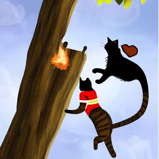 Prompt: a cat rescuing a fireman from a tree