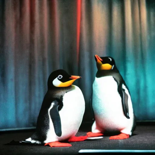 Image similar to two penguins in disco nightclub, ektachrome,