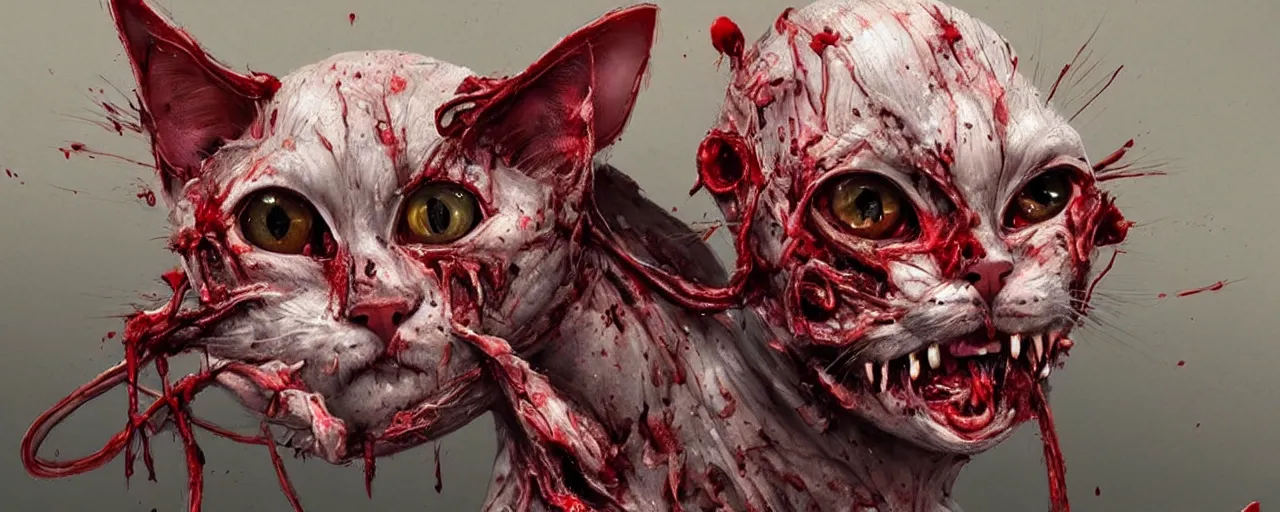 Image similar to a very very gory image of a bald cat turned inside out, hairless cat, skinned horror art, intricate, highly detailed, digital painting, artstation, concept art, smooth, sharp focus, illustration