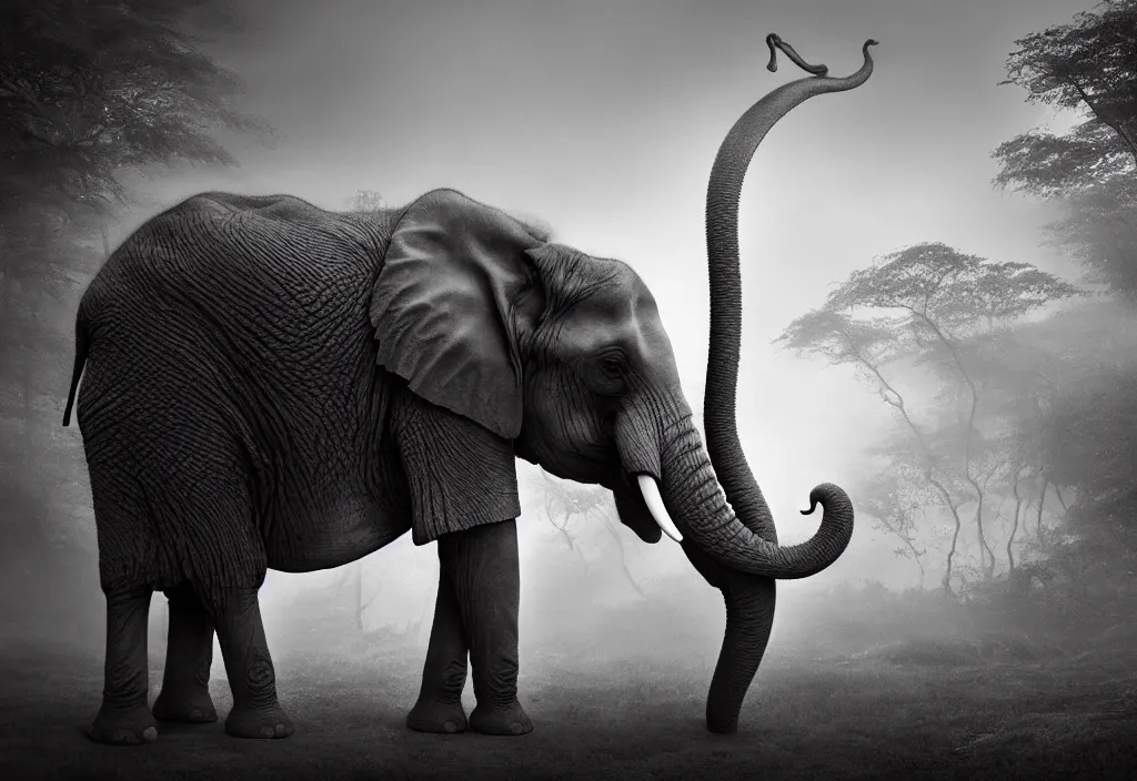 Image similar to an elephant king, his trunk is a long tentacle, in a jungle with ominous light from above, ambient light, fog, river, symmetrical, poetic