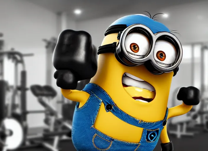 Image similar to a very strong minion in the gym, big muscles, fotorealistic, 4 k