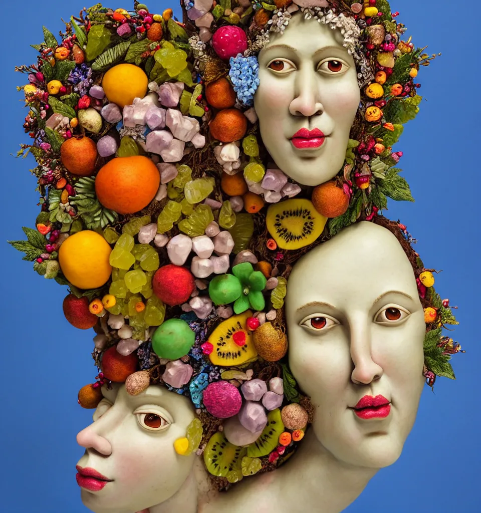 Prompt: portrait headshot of a fairy nature spirit, head made of fruit gems and flowers in the style of arcimboldo, john currin, fragonard, photorealistic, dynamic lighting, action figure, clay sculpture, claymation, dull blue cloudy background,