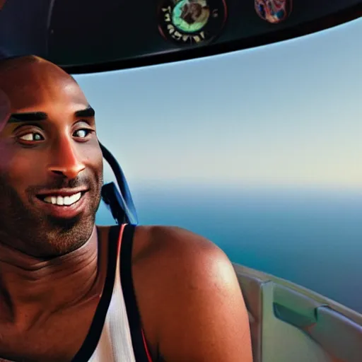 Image similar to Side shot of kobe bryant sitting in a helicopter and smoking a joint, 8k resolution, amazing detail, shot in the air