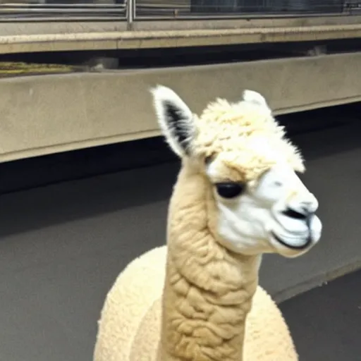 Prompt: security camera footage of an alpaca in a parking garage