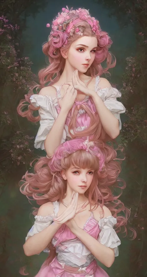 Prompt: portrait of magical lolita girl, dreamy and ethereal, expressive pose, pink eyes, peaceful expression, ornate frilly dress, fantasy, intricate, elegant, many rainbow bubbles, highly detailed, digital painting, artstation, concept art, smooth, sharp focus, illustration, art by artgerm and greg rutkowski and alphonse mucha