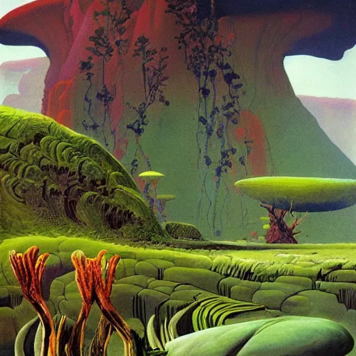 Image similar to painting of a lush natural scene on an alien planet by roger dean. beautiful landscape. weird vegetation. cliffs and water.