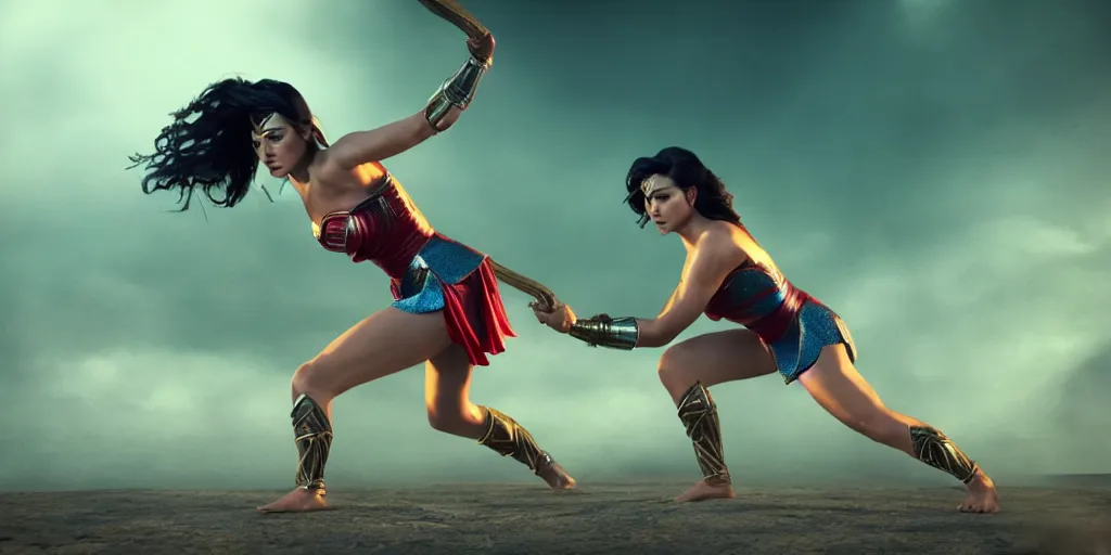 Prompt: wonder women performing kalaripayattu, cinematic, color graded, volumetric lighting, octane render, ultra realistic