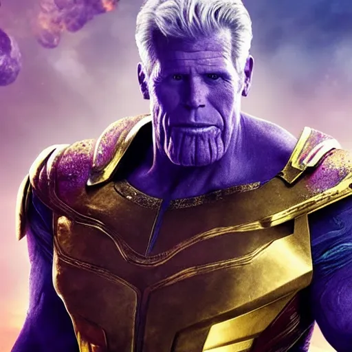 Image similar to ted danson, wearing thanos armour, wearing the infinity gauntlet hd 4k photo, cinematic lighting