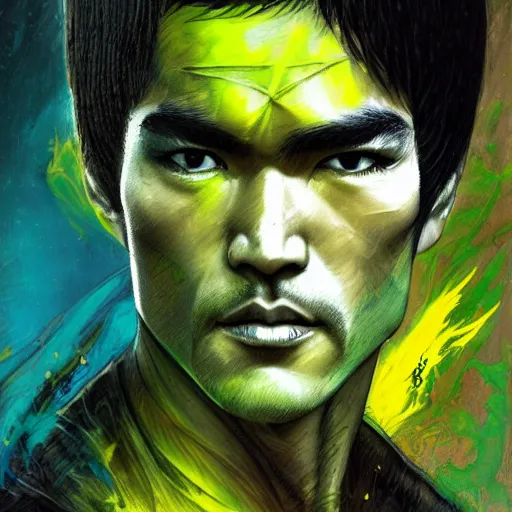 Image similar to a demon slayer portrait of bruce lee, tall, pale - skinned, and slender with lime green eyes and long eyelashes by stanley artgerm, tom bagshaw, arthur adams, carne griffiths, trending on deviant art, street art, face enhance, chillwave, maximalist, full of color, glittering