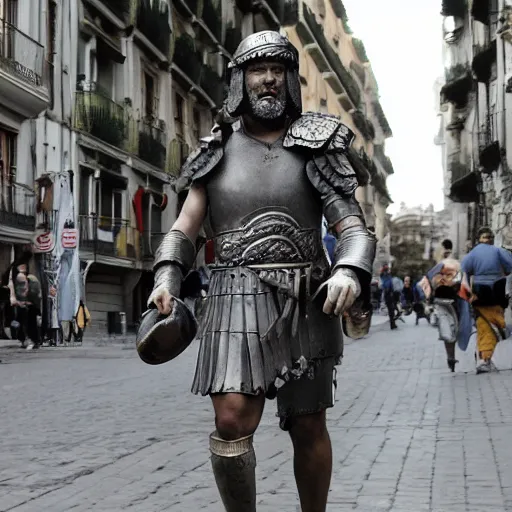 Prompt: a roman legionnaire stranding through madrid