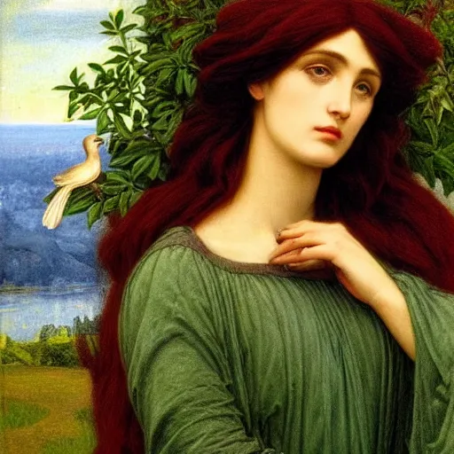 Image similar to Beautiful Pre-Raphaelite goddess of nature holding a little bird, in the style of John William Godward and Dante Gabriel Rossetti, close-up portrait, head in focus, flowers and plants, etheric, moody, intricate, mystical,