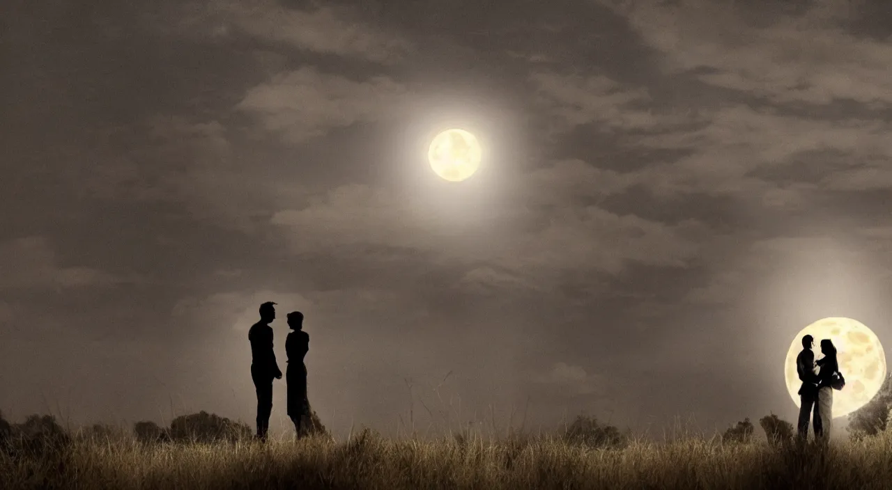 Prompt: a the full moon, a couple is drawn on it, cinematic lighting, wow, establishing shot