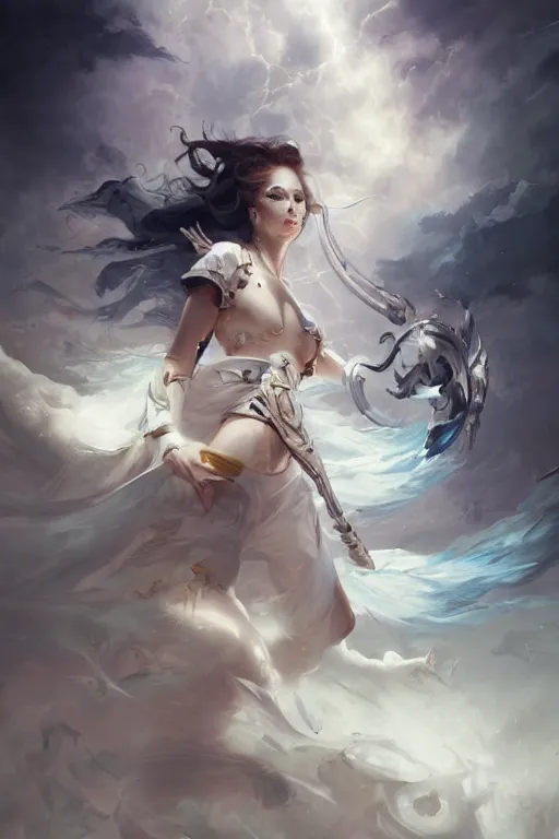 Prompt: beautiful girl warrior in white dress, casting magic spell, angel, magic storm and thunder clouds, fantasy, magic the gathering, hyper detailed, 3 d render, hyper realistic detailed portrait, peter mohrbacher, wlop, ruan jia