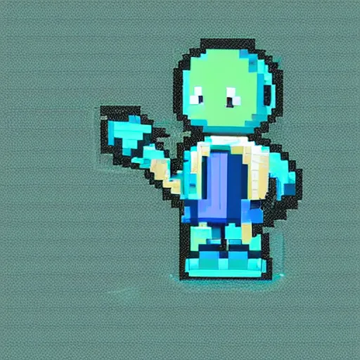 Image similar to blue robot ghost wearing a letterman jacket and genie pants, v mouth, cow lick hair practicing magic in a green slime filled city pixel art wide angle view realistic high detail