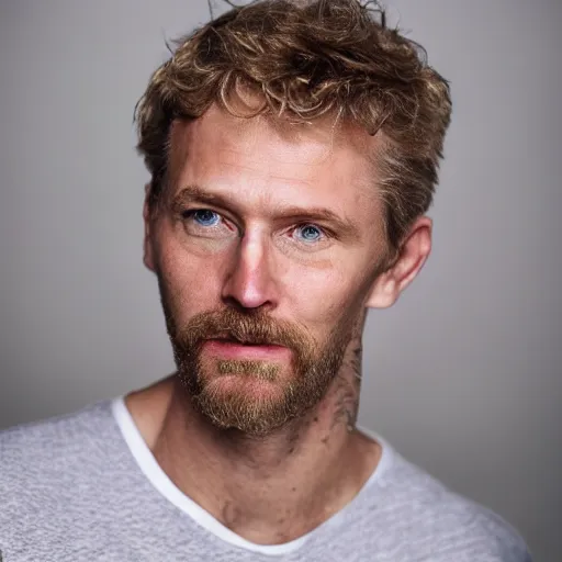 Image similar to full face color photograph of a 40 year old very handsome white man with short, curly, blond hair and very small slanted blue eyes, dressed in a white t shirt, gray shorts and black socks, with a small mole to the right of his very thin lips, with a straight nose and blond stubble, with a round face, and an earring in the left ear. He resembles a lion.