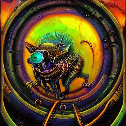 Image similar to steampunk rat, acid, 303, psychedelic, by paul lehr